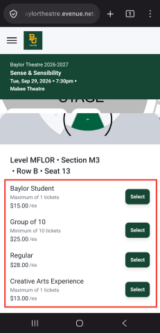 Select the appropriate ticket price (mobile)