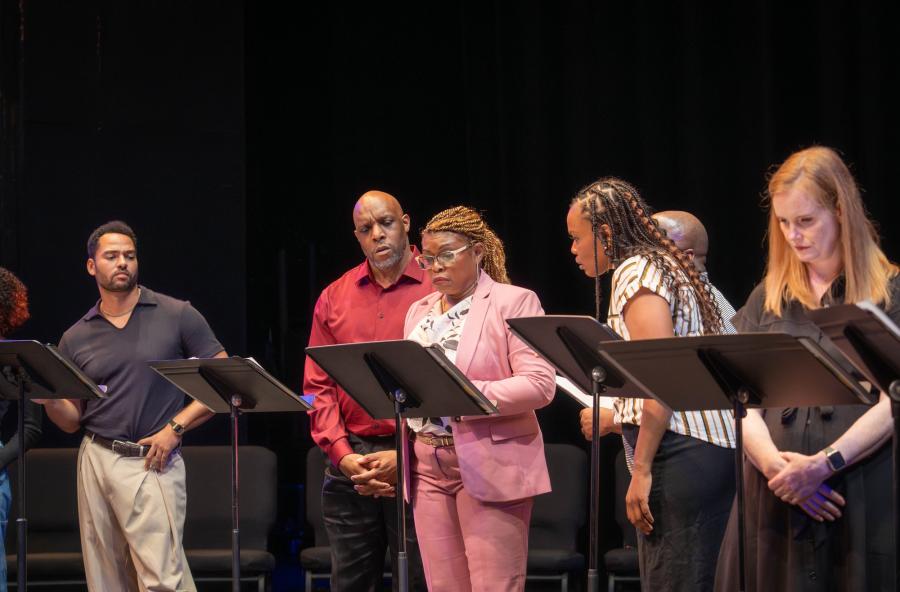 From left to right: Nash Ferguson, Bryan Pitts, Patrice DeGraff Arenas, Christiön Dior Draper, Ashley Riccardi and Felicia Bertch perform "Under the Bridge" by Janelle Gray at the Mabee Theatre Friday. Sam Gassaway | Photographer